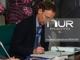 Chief Observer, European Election Observation Mission Nigeria 2023, Barry Andrews sign an attendance  during a courtesy visit to the Speaker...