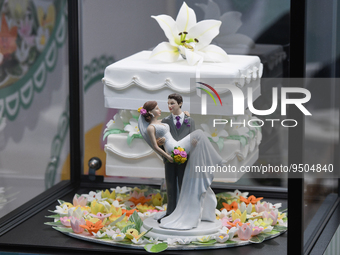 A wedding cake is seen during edition number 45 of SIGEP (International Exhibition of Ice Cream, Pastry, Bakery and Coffee) Fair in Rimini,...