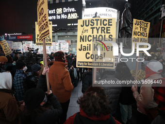 People demonstrate in Times Square as the beating video of Tyre Nichols is released on January 27, 2023 in New York City. An official invest...
