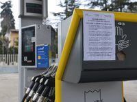 A closure notice and petrol pumps are are seen in a closed gas station in L'Aquila, Italy, on January 25, 2023. On january 25 e 26 gas stati...