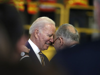 Senator Chuck Schumer (D-NY) greets US President Joe Biden prior to the discussion about the funding for the “Hudson Tunnel Project” at the...