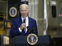 US President Joe Biden discusses funding for the “Hudson Tunnel Project” at the West Side Rail Yard on January 31, 2023 in New York City, US...