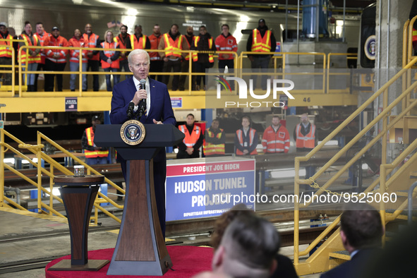 US President Joe Biden discusses funding for the “Hudson Tunnel Project” at the West Side Rail Yard on January 31, 2023 in New York City, US...