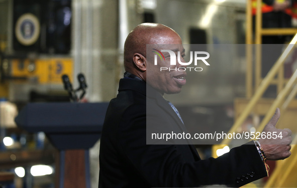 New York City Mayor Eric Adams greets guests prior to US President Joe Biden discussion about funding for the “Hudson Tunnel Project” at the...