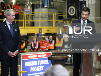 US Secretary of Transportation Pete Buttigieg speaks prior to US President Joe Biden's discussion aobut funding for the “Hudson Tunnel Proje...