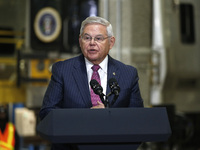 US Senator Bob Menendez (D-NY) speaks prior to US President Joe Biden's discussion about funding for the “Hudson Tunnel Project” at the West...