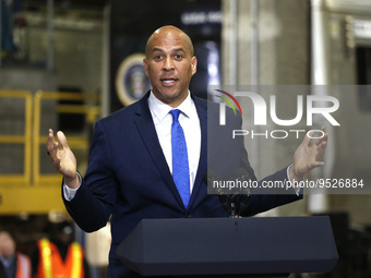 US SEnator Cory Booker (D-NJ) speaks prior to US President Joe Biden's discussion about funding for the “Hudson Tunnel Project” at the West...