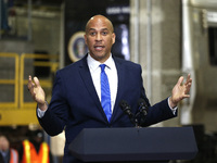 US SEnator Cory Booker (D-NJ) speaks prior to US President Joe Biden's discussion about funding for the “Hudson Tunnel Project” at the West...