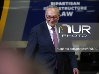 US Senator Chuck Schumer (D-NY) arrives prior to US President Joe Biden's discussion about funding for the “Hudson Tunnel Project” at the We...