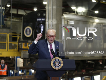 US Senator Chuck Schumer (D-NY) speaks prior to US President Joe Biden's discussion about funding for the “Hudson Tunnel Project” at the Wes...