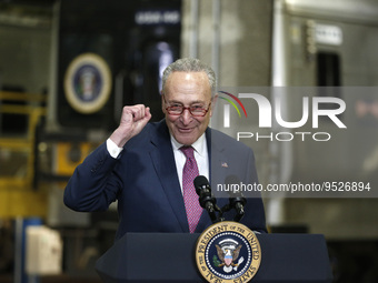 US Senator Chuck Schumer (D-NY) speaks prior to US President Joe Biden's discussion about funding for the “Hudson Tunnel Project” at the Wes...