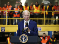 
US President Joe Biden discusses funding for the “Hudson Tunnel Project” at the West Side Rail Yard on January 31, 2023 in New York City, U...