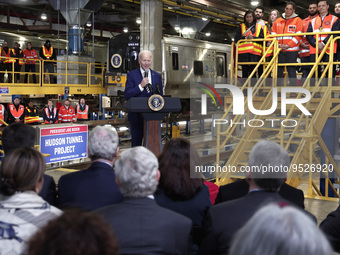 
US President Joe Biden discusses funding for the “Hudson Tunnel Project” at the West Side Rail Yard on January 31, 2023 in New York City, U...