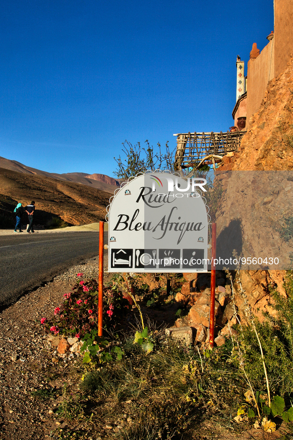 Riad Bleu Afriqua hotel and cafe located in the Dades Gorge in the Dades Valley deep in the High Atlas Mountains in Dades, Morocco, Africa....