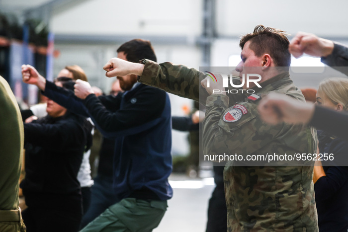 Civilians practice self-defence during 'Train With The Army' military training run by 16th Airborne Battalion in Krakow, Poland on Fabruary...