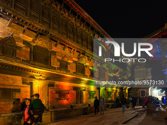 Colourful Light illuminates Bhaktapur Durwar Square (UNESCO World Heritage Site of Bhaktapur),  on February 11, 2023. (