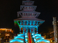 Colourful Light illuminates Nyatapola Temple (UNESCO World Heritage Site of Bhaktapur),  on February 11, 2023. (