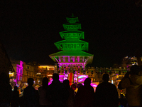 Colourful Light illuminates Nyatapola Temple (UNESCO World Heritage Site of Bhaktapur), on February 11, 2023. (