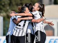 Juventus FC players celebrate after a goal during the Italian football Serie A Women match ACF Fiorentina vs Juventus FC on February 11, 202...