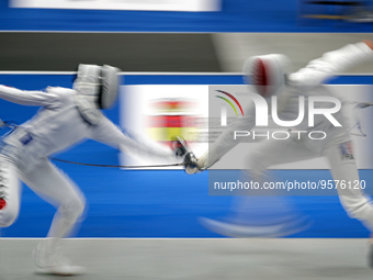 Miho Yoshimura, from Japan, and Eloise Vanryssel, from France, during the 46th edition of the City of Barcelona International Fencing Trophy...