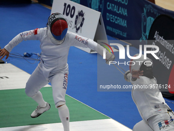 Young Mi Kang, from Korea, and Laurence Epee, during the 46th edition of the City of Barcelona International Fencing Trophy for Women's Swor...