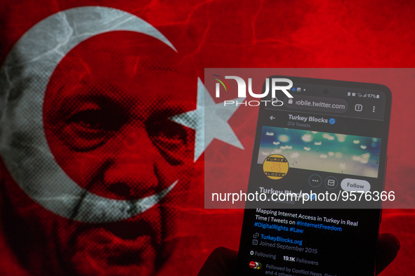 Turkey's flag displayed on screen with Turkey Block Twitter page seen on mobile, seen in this photo illustration. On 11 February 2023 in Bru...