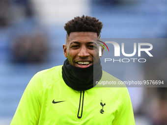 Emerson Royal of Tottenham Hotspur warms up ahead of kick-off during the Premier League match between Leicester City and Tottenham Hotspur a...