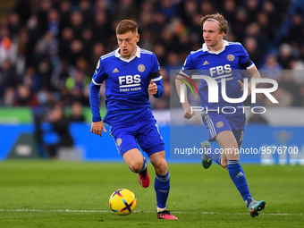 Harvey Barnes of Leicester City and Victor Kristiansen of Leicester City in action during the Premier League match between Leicester City an...