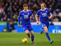 Harvey Barnes of Leicester City and Victor Kristiansen of Leicester City in action during the Premier League match between Leicester City an...