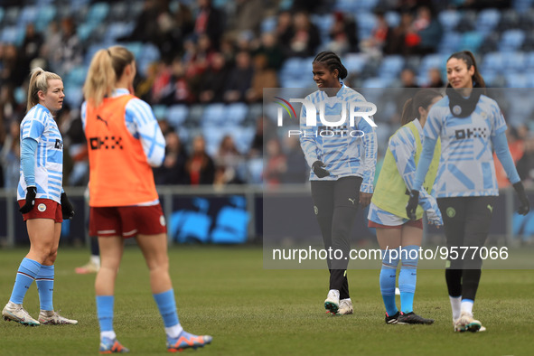Manchester City players warm up before KO during the Barclays FA Women's Super League match between Manchester City and Arsenal at the Acade...