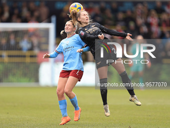 Citys Lauren Hemp clashes with Arsenals Victoria Pelova during the Barclays FA Women's Super League match between Manchester City and Arsena...
