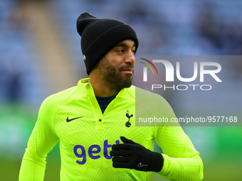 Lucas Moura of Tottenham Hotspur warms up ahead of kick-off during the Premier League match between Leicester City and Tottenham Hotspur at...