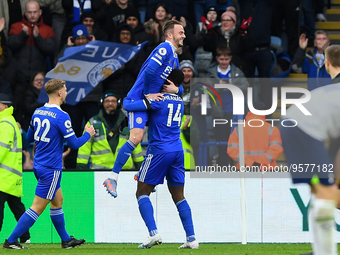 James Maddison of Leicester City celebrates after scoring a goal to make it 2-1 during the Premier League match between Leicester City and T...