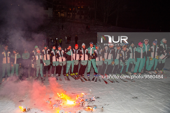 The torchlight procession along the Togo slope on Mount Terminillo in Rieti, 11 February 2023, where ski instructors lit up the central slo...
