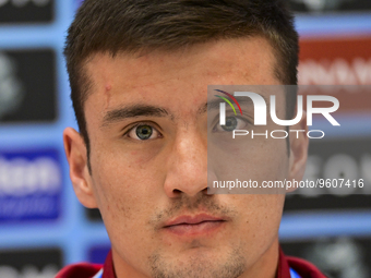 Player of Uzbekistans FC Nasaf Husayn Norchaev attends the press conference ahead of the round of 16 match against Saudi Arabias Al-Shabab F...