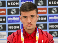 Player of Uzbekistans FC Nasaf Husayn Norchaev attends the press conference ahead of the round of 16 match against Saudi Arabias Al-Shabab F...