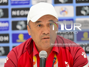 Ruzikul Berdiev, head coach of Uzbekistans FC Nasaf  attends the press conference ahead of the round of 16 match against Saudi Arabias Al-Sh...