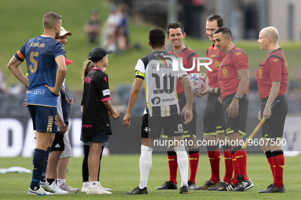 Ulises Davila of Macarthur FC talks with Referee Stephen Lucas prior to the round 17 A-League Men's match between Macarthur FC and Newcastle...