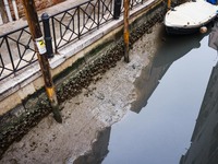 A general view of a dry canal for low tide on February 16, 2023 in Venice, Italy (