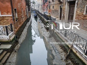 A general view of a dry canal for low tide on February 16, 2023 in Venice, Italy (