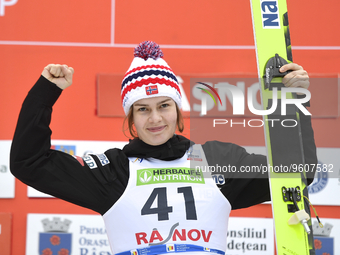 Anna Odine Stroem of Norway celebrates during the Women's Normal Hill Individual competition during the 24rd World Cup Competition Viessmann...
