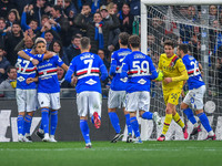 team Sampdoruia celebrates after scoring a goal 1 - 1 during the italian soccer Serie A match UC Sampdoria vs Bologna FC on February 18, 202...