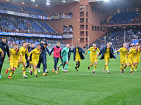 Team Bologna celebrates after scoring after match during the italian soccer Serie A match UC Sampdoria vs Bologna FC on February 18, 2023 at...