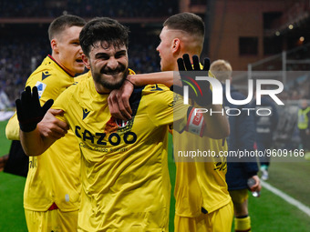 Riccardo Orsolini (Bologna) celebrates after scoring a goal 1 - 2 during the italian soccer Serie A match UC Sampdoria vs Bologna FC on Febr...