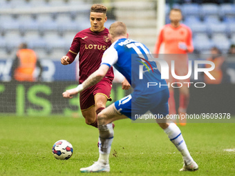 Max Aarons #2 of Norwich City in possession of the ball during the Sky Bet Championship match between Wigan Athletic and Norwich City at the...