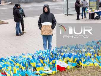 A young man stands by blue and yellow Ukrainian national flags with names of fallen soldiers are seen on Maidan Nezalezhnosti (Independence...