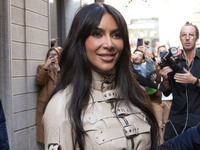 Kim Kardashian is seen at the Dolce & Gabbana Store during the Milan Fashion Week Womenswear Fall/Winter 2023/2024 on February 25, 2023...