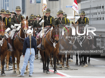 The Texas A&M Corps of Cadets Mounted Unit prepares to walk in the parade on February 25, 2023.  (