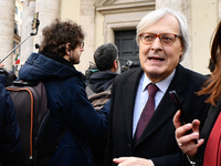 Vittorio Sgarbi during the funeral of Maurizio Costanzo at the Church of the Artists in Piazza del Popolo Rome Italy February 27 2023 (
