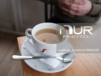 A cup of tea on a coffee shop in Arachova, Greece on February 28, 2023.  (